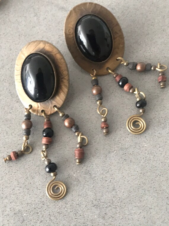 Black Dangles, Faux Onyx Southwestern Boho Gypsy Statement Earrings with swingy beaded tassels