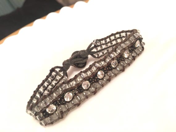Crystal Rhinestone Beaded Bracelet: Gray Cord Boho Hippie Style