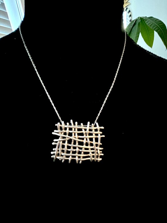 MCM Abstract Modernist Necklace, Vintage Sterling Artisan Pendant on Vintage Silver Chain, unworn with tags, tested sterling