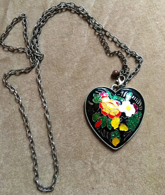 Elegantly romantic Cloisonné flowered puff heart pendant necklace