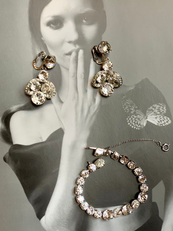 Striking Eisenberg Rhinestone Statement Earrings & matching Sparking Bracelet, High End Ball Formal Glamour Jewelry, ICING!