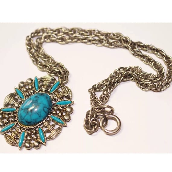 Vintage Petite Point Southwestern Turquoise Costume Jewelry Necklace, Boho Gypsy Cowboy Styled Ornate Silvertone Pendant Necklace