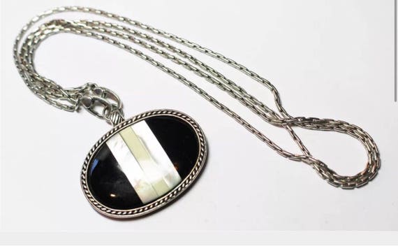 Vintage Monet Mother of Pearl & Onyx Large Oval Modernist Pendant on Stylish Double chains, 1980s