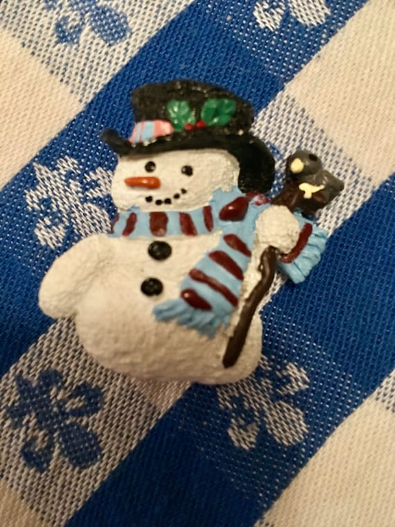 Vintage MCM Snowman in Top Hat Christmas Pin brooch holding a bird  comes giftboxed & ribboned