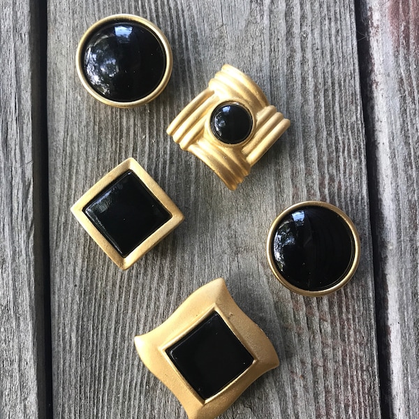 New Wave Button Covers, exquisite Black Lacquer & Matte Goldtone 80s Art Deco Modernist Hipster New Wave Fashionista Chic Accessories