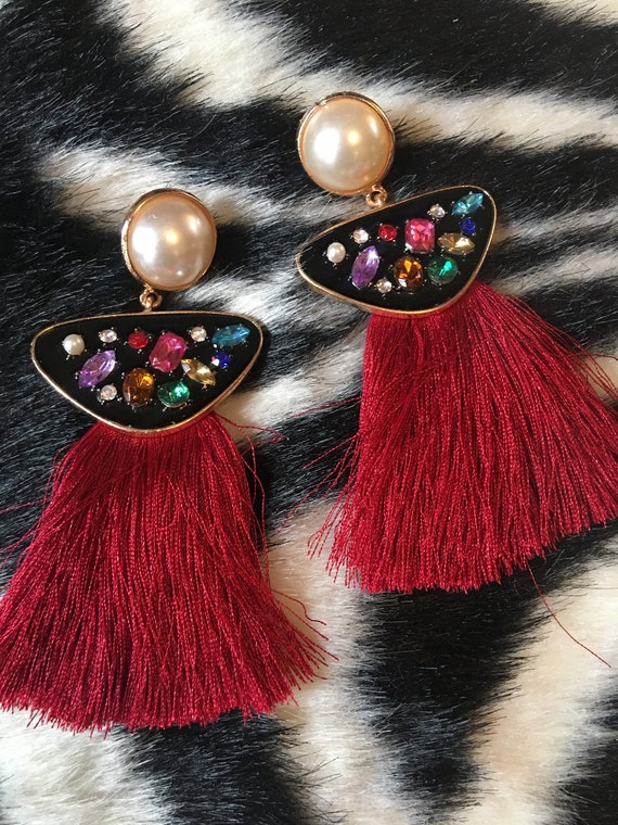 BIG BOLD Silky Red Tasseled Enamel & Rainbow Gem Dangle Tassel Earrings, Trending 90s Glamour Jewelry Statement Earrings!