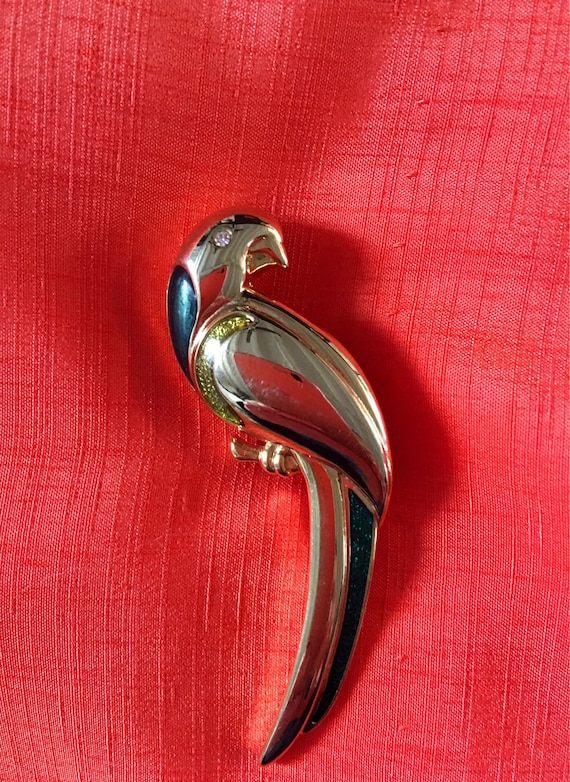 Signed Vintage Goldtone Enamel Parrot Tropical Bird Brooch Lapel Pin Collectible Jewelry Gift