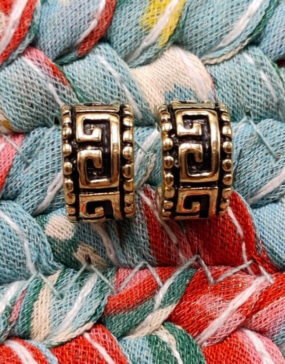 Chunky Greek Key Mini Hoops, Goldtone with Black Geometric, Aztec Etruscan Small Vintage Hoop Earrings