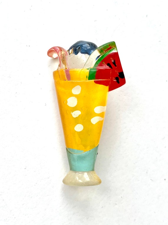 Awesome 80s Lucite Tropical Cocktail Pin Brooch, Watermelon Sugar High with Straw, Ready for Spring Break Vacation