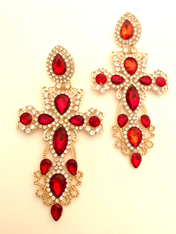 Huge Gothic Red Cross Dangles, Red Rhinestone Runway Glamour Jewelry, Statement Earrings