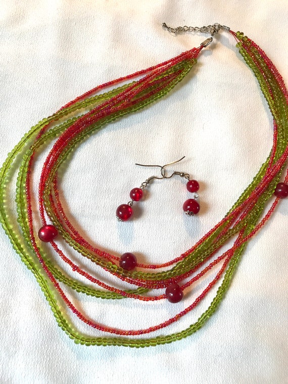 Colorful Dark Lime & Red Glass Beaded Funky Boho Ethnic Necklace and Earring Set