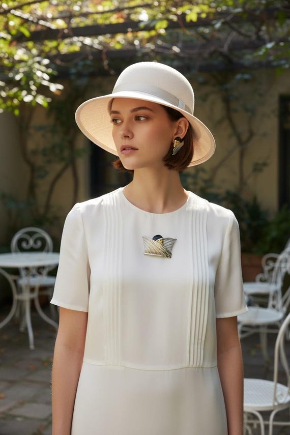 Vintage 1986 JJ Jonette Art Deco Erte Inspired flapper brooch and earring set- featuring a fashionista lady wearing a black enamel cloche