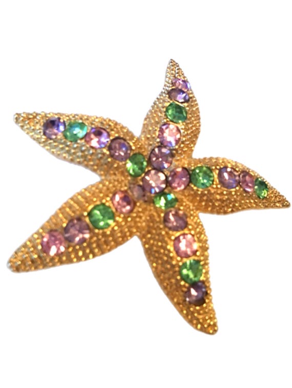 Fancy Starfish Vintage Brooch, Golden Tropicaly Sea Creature encrusted / pastel Purple Green & Pink Rhinestones, lapel Pin, Resort Jewelry