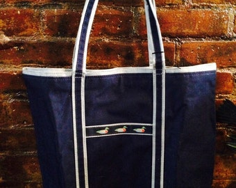 Preppy Navy Blue Mallard Duck ribbon tote bag unused Vintage Like New