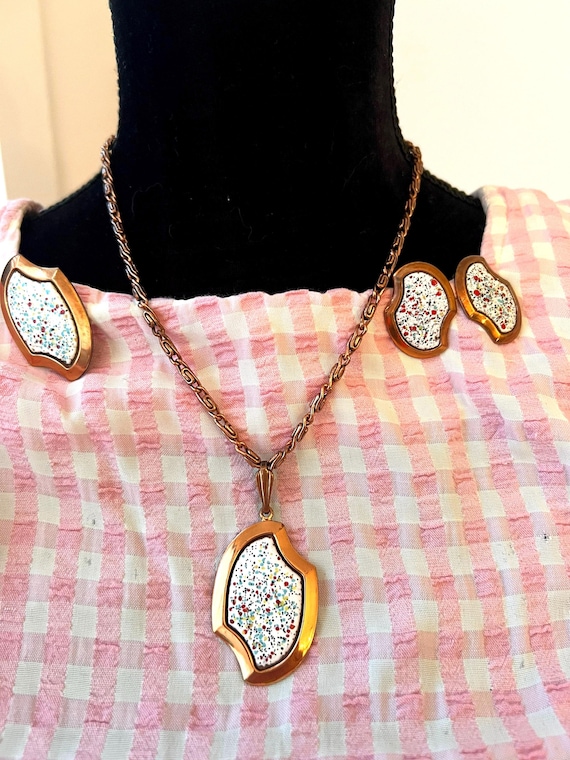 Vintage Eames Era Copper Jewelry Set, Speckled Enamel Abstract Necklace and Earrings