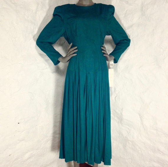 Vintage Marie St Claire Emerald Green Teal Embroidered Brochet 80’s Midi Dress Size 14