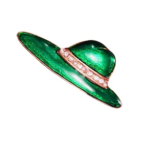 Vintage 80&#39;s Metalic Enamel Bizzare Green Fedora With Rhinestone Band Hat Brooch Pop Novelty Pin