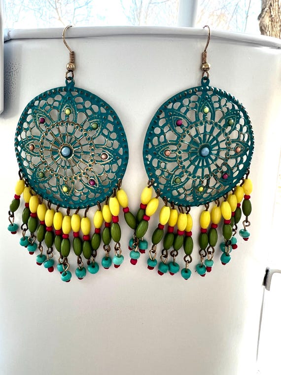 90s Glam Southwestern Boho Fringy Statement Earrings, Turquoise Wash Indigenous Inspired beaded Openwork Medallion Chandelier Earrings