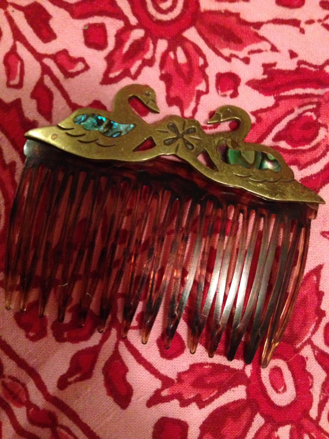 Vintage Brass & Abalone Swans ornamental hair comb