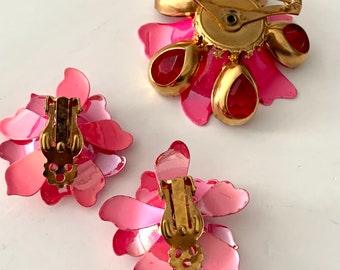 Fuchsia Hot Pink Floral Earrings and Flower Pin Set, Vintage