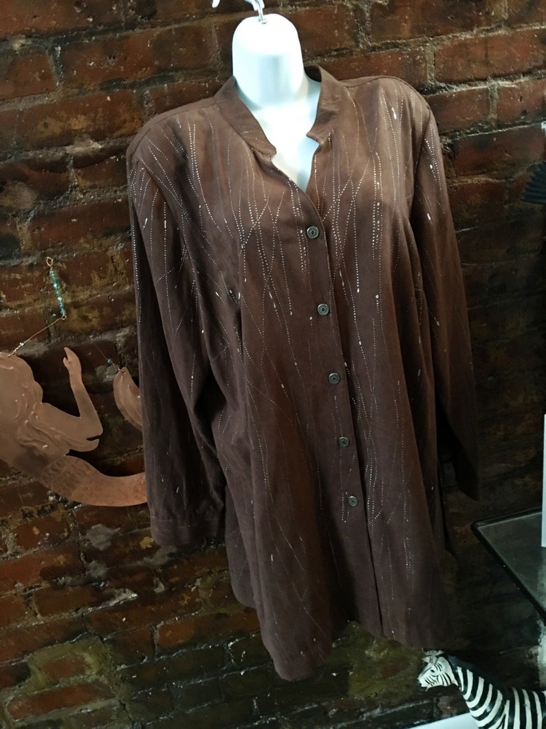 Vintage Erin London ultra suede long shirt, brown with silver Splatter 80s New Wave Oversized Blouse, Zoom Party Outfit image 2