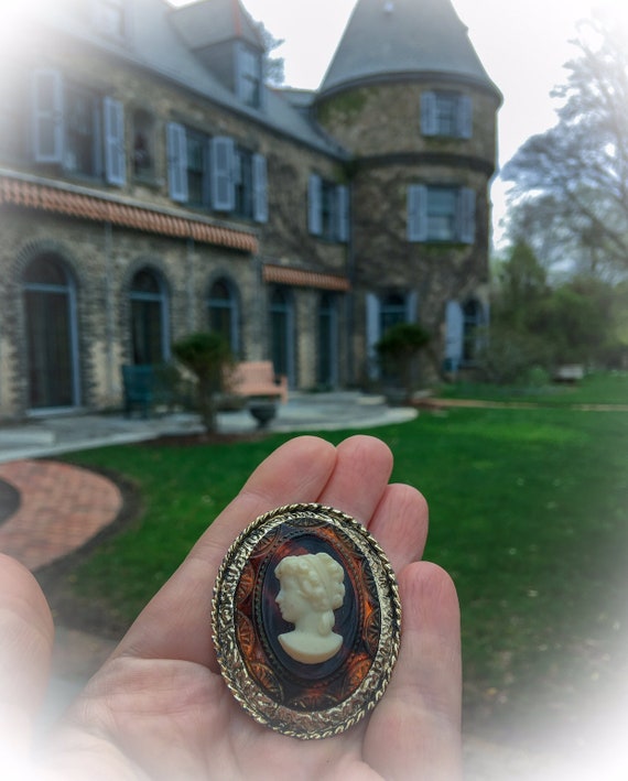 Mid Century RootBeer Glass Lucite Cameo, Ornate Victorian Revival Vintage Brooch, Trending Fashion Style, Exciting Mothers Day Gift Idea