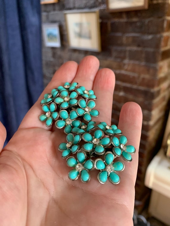 Turquoise Beaded Floral Cluster Statement Earrings, something blue with rhinestones too, Pretty Vintage Flowers