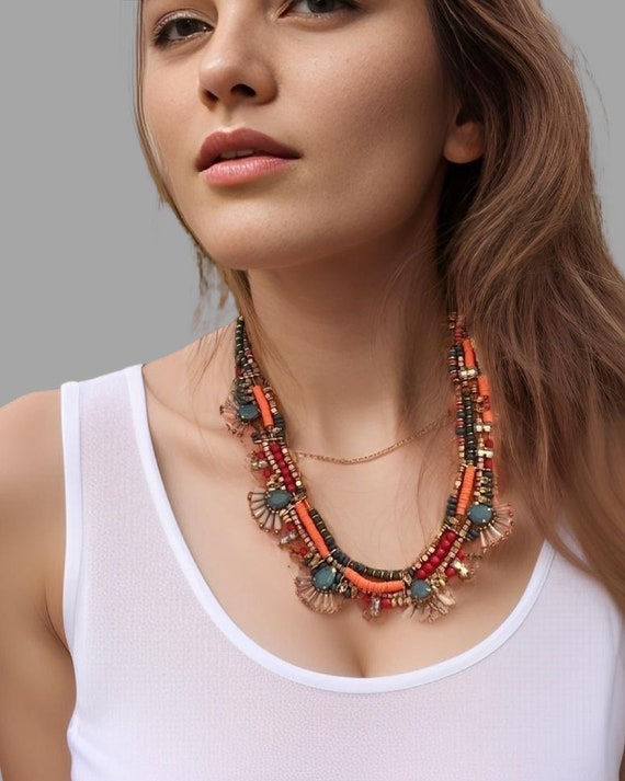 Y2K Glamour Jewelry Statement Necklace,   Boho Gypsy Glam Neon & Rainbow Multicolored Beaded Tribal Bib Necklace