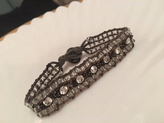 Beautiful crystal & Rhinestone beaded Gray Cord Boho Holiday Hippy Bracelet