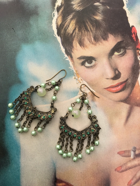 Pretty Pale Green Beaded Bronzy Goldtone Chandelier Earrings