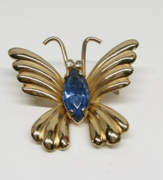 Art Deco CORO Butterfly Trending Unisex Lapel Pin, Goldtone Butterfly Blue Gem body, Vintage Pin curated by marta michaud for MySoulRepair