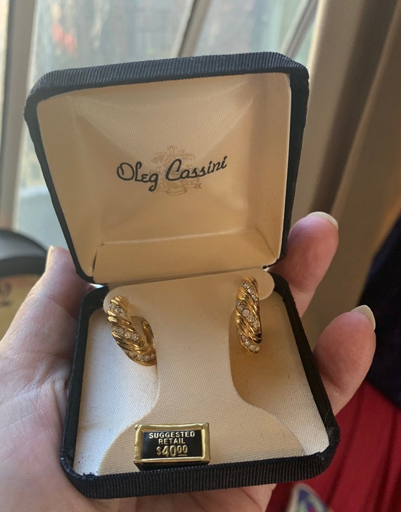 Vintage Oleg Cassini Ice Crystal Rhinestone & Gold Hoop Earrings New In Original Box, Quality 70s Costume Jewelry