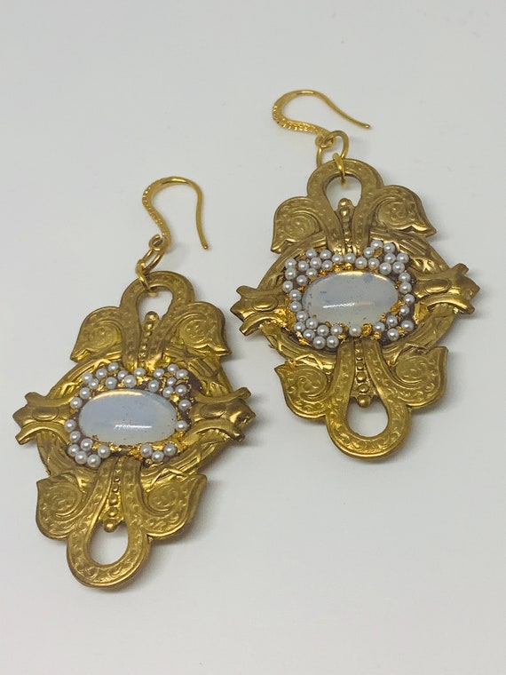 Amazing Gay Isber Designer Moonstone Statement Earrings! One of a kind! Gorgeous Gothic revival Art Nouveau Mash up!