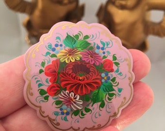 Russian Zhostovo Rose Floral on Lavender Purple Russian Lacquered Enamel hand painted Dainty Floral Bouquet Signed wooden Brooch