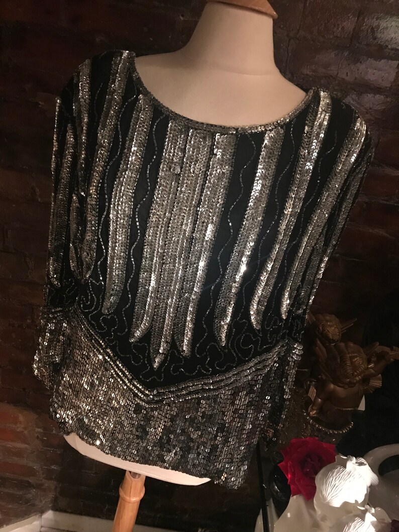 fun Party Top AS IS 90s still great Sequin Top Blouse lots of wear still Some minor Bead Loss Blacks and Silvers needs a bit of TLC