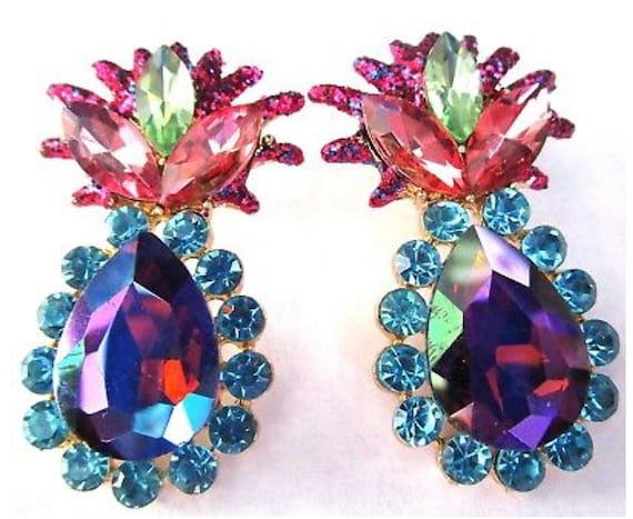 Beautiful Pink Blue & Rainbow Heliotrope Rhinestone Statement Earrings