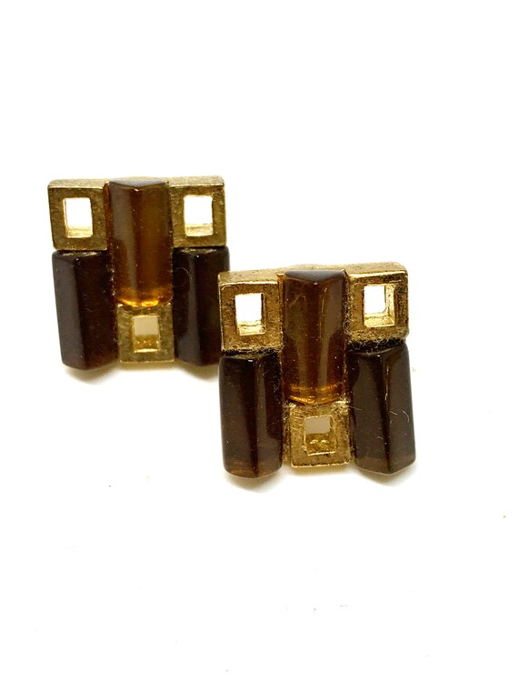 Groovy Mid Century Modern Geometric earrings, Butterscotch Lucite and Goldtone Clip ons