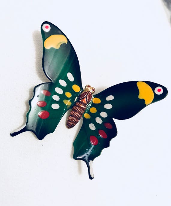 Korean Vintage Brass & Enamel Butterfly Brooch Beautiful Colors- Kelly Green Red Black Yellow Wings on Enamel Pin