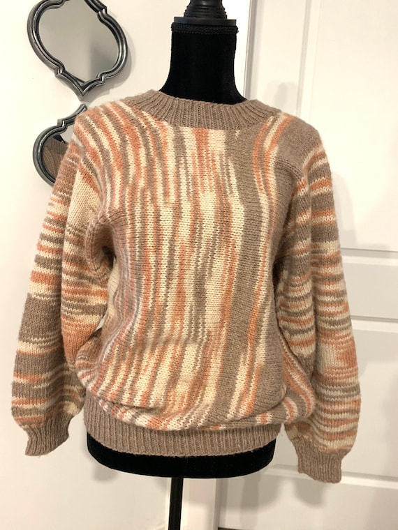 Rainbow Variated Peachy Beige Hand Knit Warm Wool Sweater curated by Marta Michaud for MySoulRepair