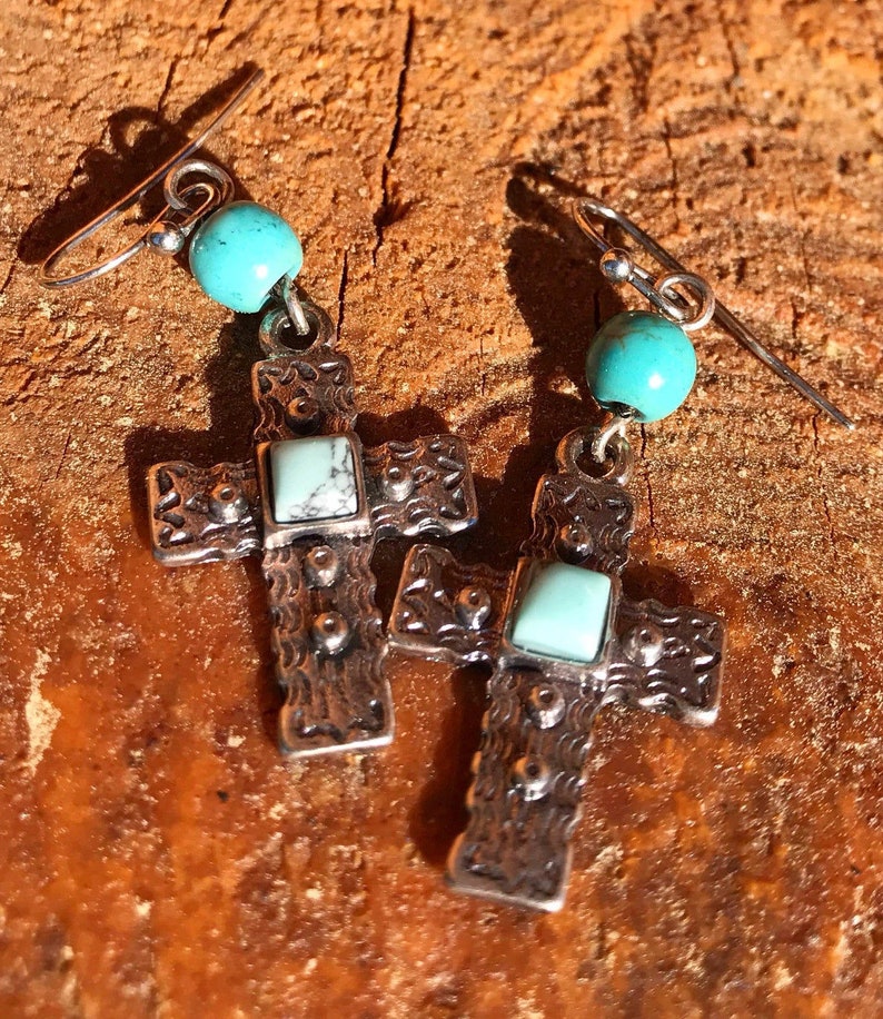 Southwestern Style Silver Tone with Blue Green beaded Embossed Cross Dangle Earrings
