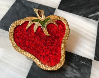 Sassy Vintage Kitsch Poured Stained Resin on Goldtone & Red Strawberry Brooch Pin