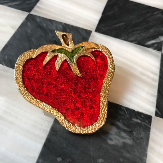 Sassy Vintage Kitsch Poured Stained Resin on Goldtone & Red Strawberry Brooch Pin