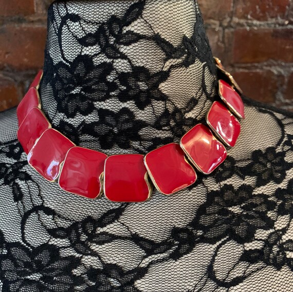 Cherry Red Enamel Modernist Choker Collar Necklac… - image 10