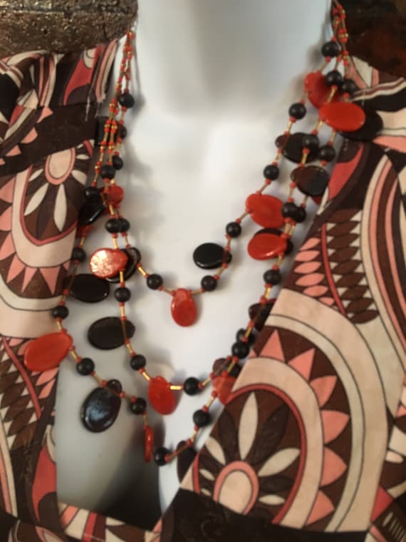 Vintage Boho Rust Orange Brick Red Art Glass Collar Necklace, Mid Century Muli Strand Glass Beaded Statement Necklace