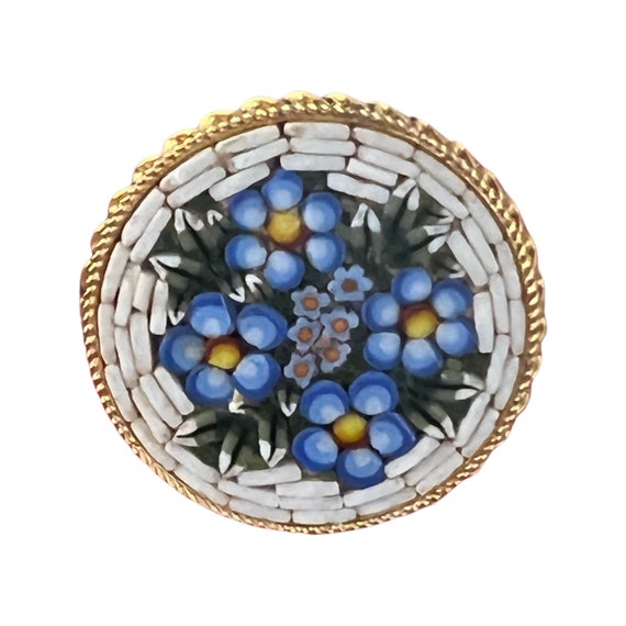 Vintage Micro Mosaic Brooch, Dainty Blue Flowers on White, Round Goldtone Pin made Italy- something blue vintage wedding
