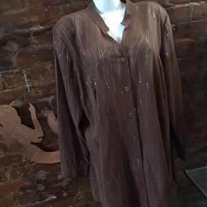 Vintage Erin London ultra suede long shirt, brown with silver Splatter 80s New Wave Oversized Blouse, Zoom Party Outfit image 6