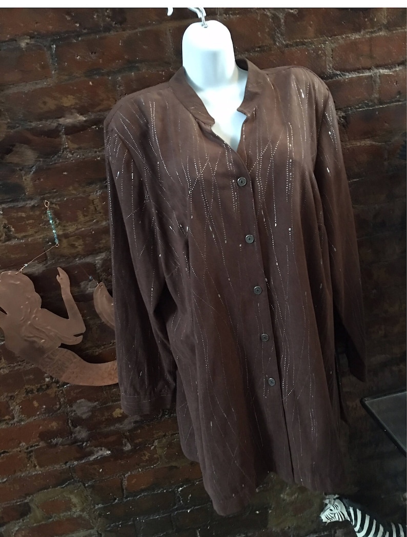 Vintage Erin London ultra suede long shirt, brown with silver Splatter 80s New Wave Oversized Blouse, Zoom Party Outfit image 6