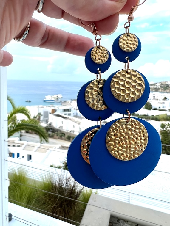 Big Bold Royal Blue Dangles, Cascading Disks with textured golden accents, Huge Vintage 80s Costume Jewelry