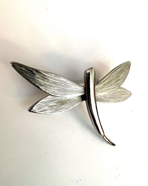 Vintage Liz Claiborne Dragonfly Brooch - Signed Silver Tone Lapel Pin