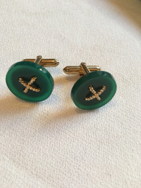 Vintage Mid Century Cufflinks, Jade or Jadite  & Goldtone Asian Siam Styled Elegant Modernist Cuff Links, Dapper man